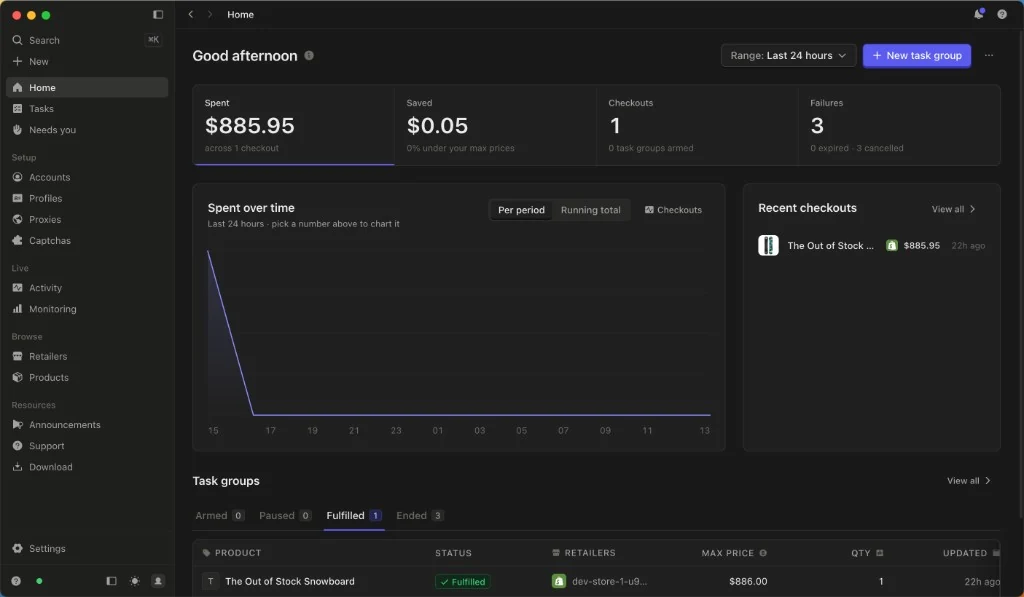 The dibs checkout bot dashboard showing spend, checkouts and task groups